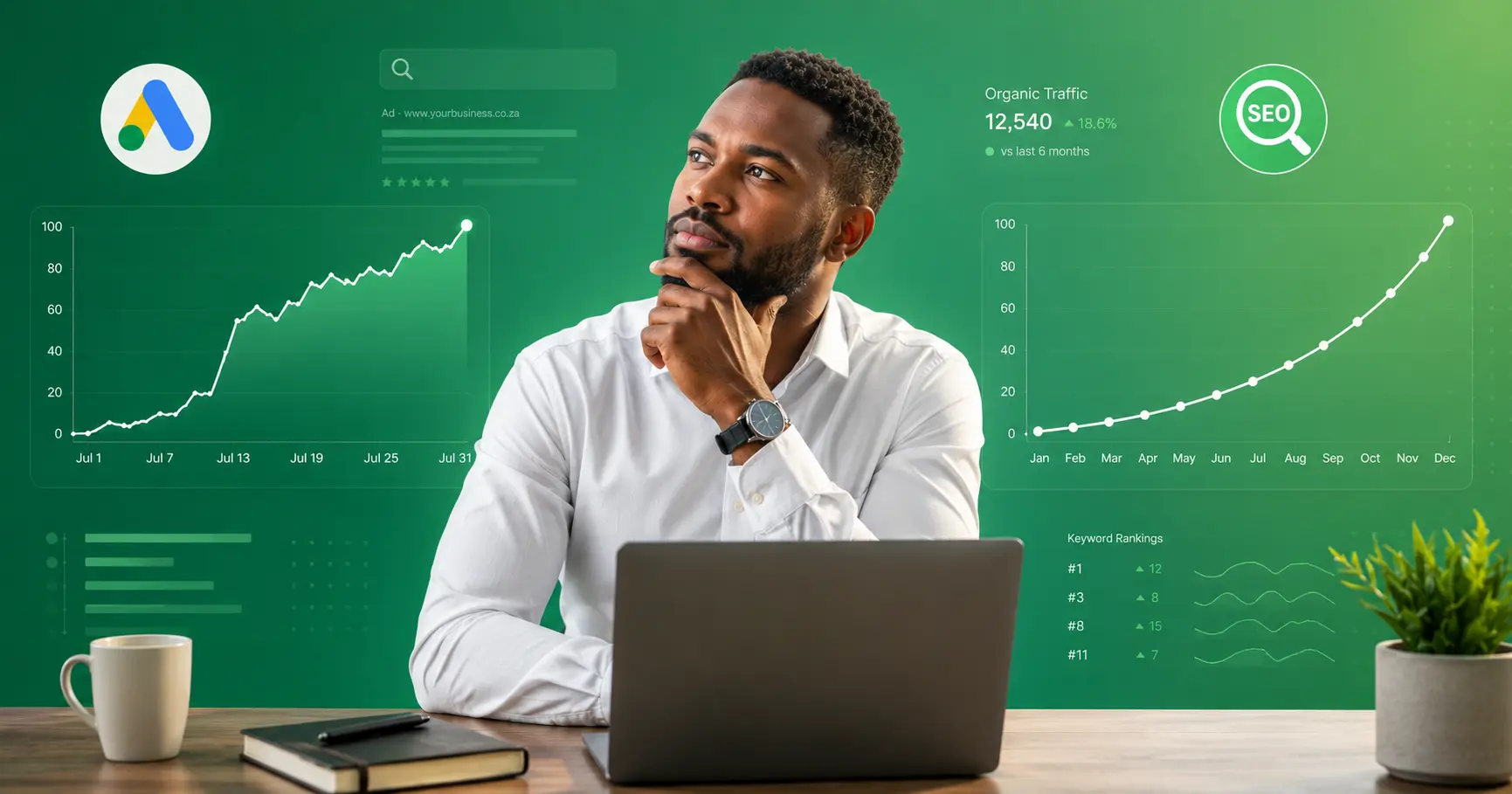 A Business owner choosing between Google paid ads or SEO
