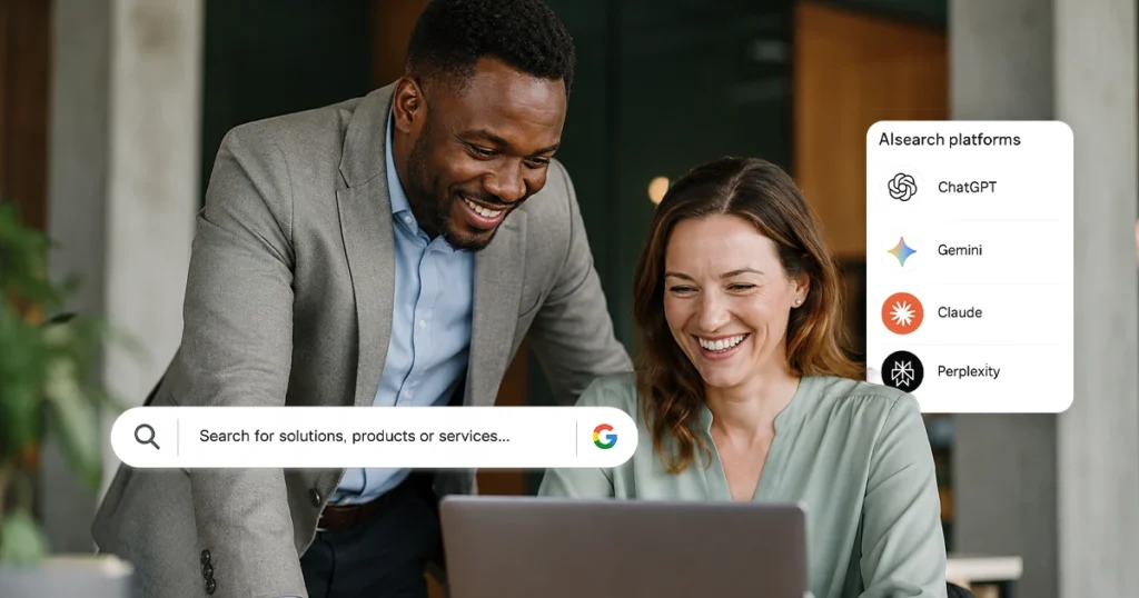 Two business professionals reviewing SEO strategy on a laptop — Ranked by Moed, Johannesburg