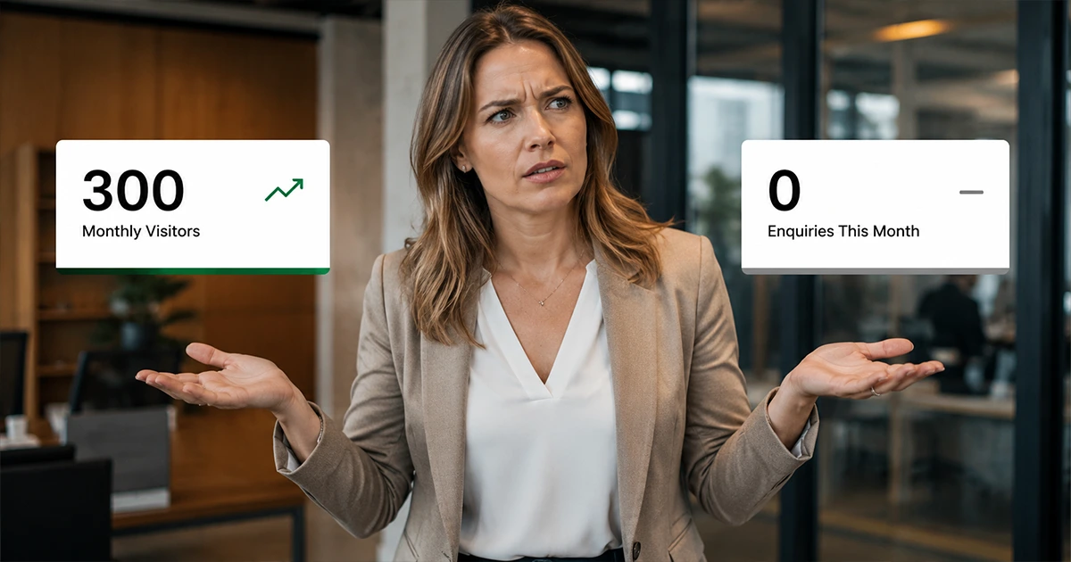 Confused business professional with website analytics showing 300 visitors and zero enquiries