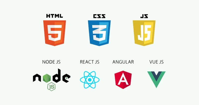 Coding languages and frameworks used for custom website development, including HTML5, CSS3, JavaScript, Node.js, React, Angular and Vue