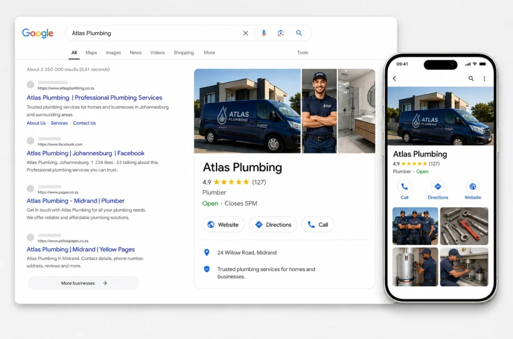 Complete Google Business Profile setup example for a South African plumbing business, showing photos, reviews, and call and directions buttons