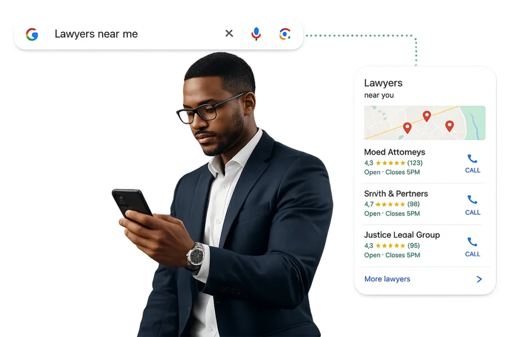 Business owner searching lawyers near me on Google, showing local businesses with a Google Business Profile setup appearing in map results with call buttons
