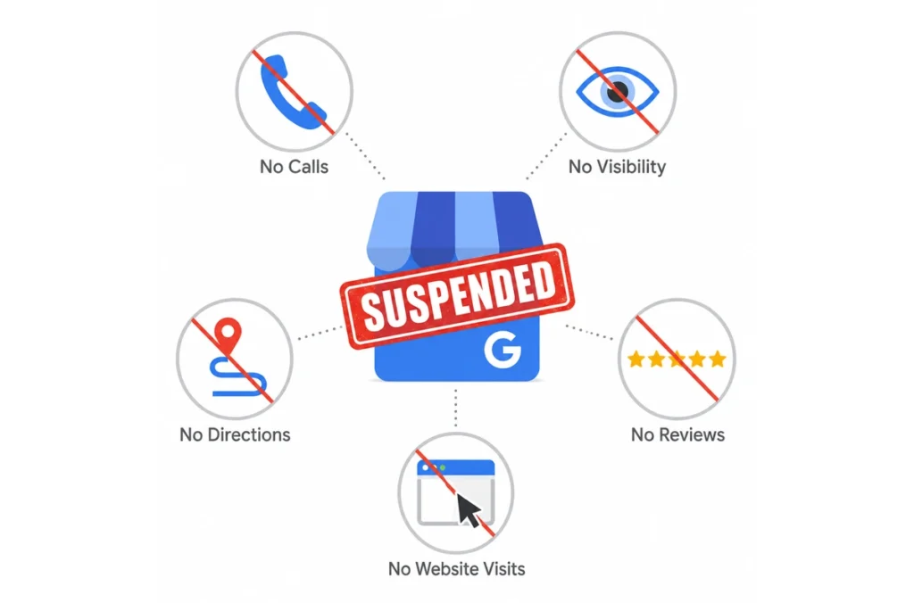 Suspended Google Business Profile causing lost calls, visibility, directions, reviews and website visits for a local business