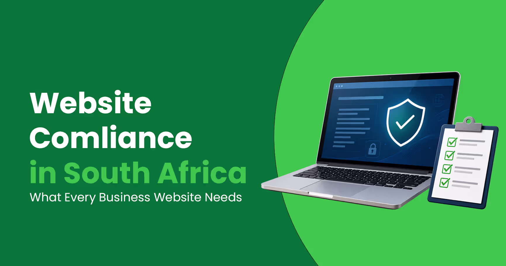 Website Compliance in South Africa guide showing a laptop with a security shield and compliance checklist.