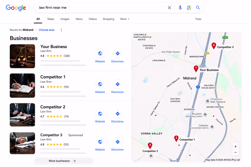 Google Search and Maps results showing a local law firm ranking first among competitors for a 'near me' search in Midrand