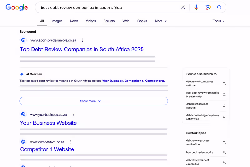 Google Search results and AI Overview showing a business ranking alongside competitors for a national industry search