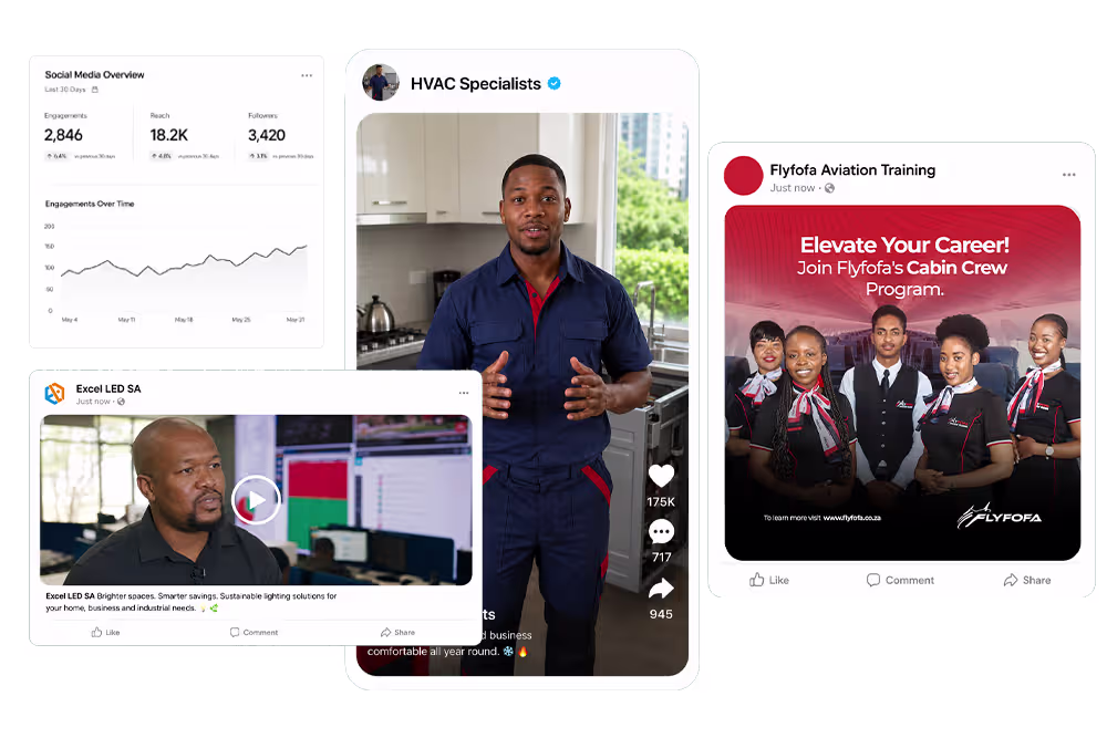 Social media content examples showing short-form videos, a branded graphic post and content performance reporting.
